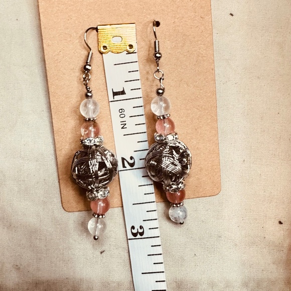 Silver Hook Dangle Earrings & Large Silver Beads & Cherry Quartz Stones & Crysta - Picture 4 of 9